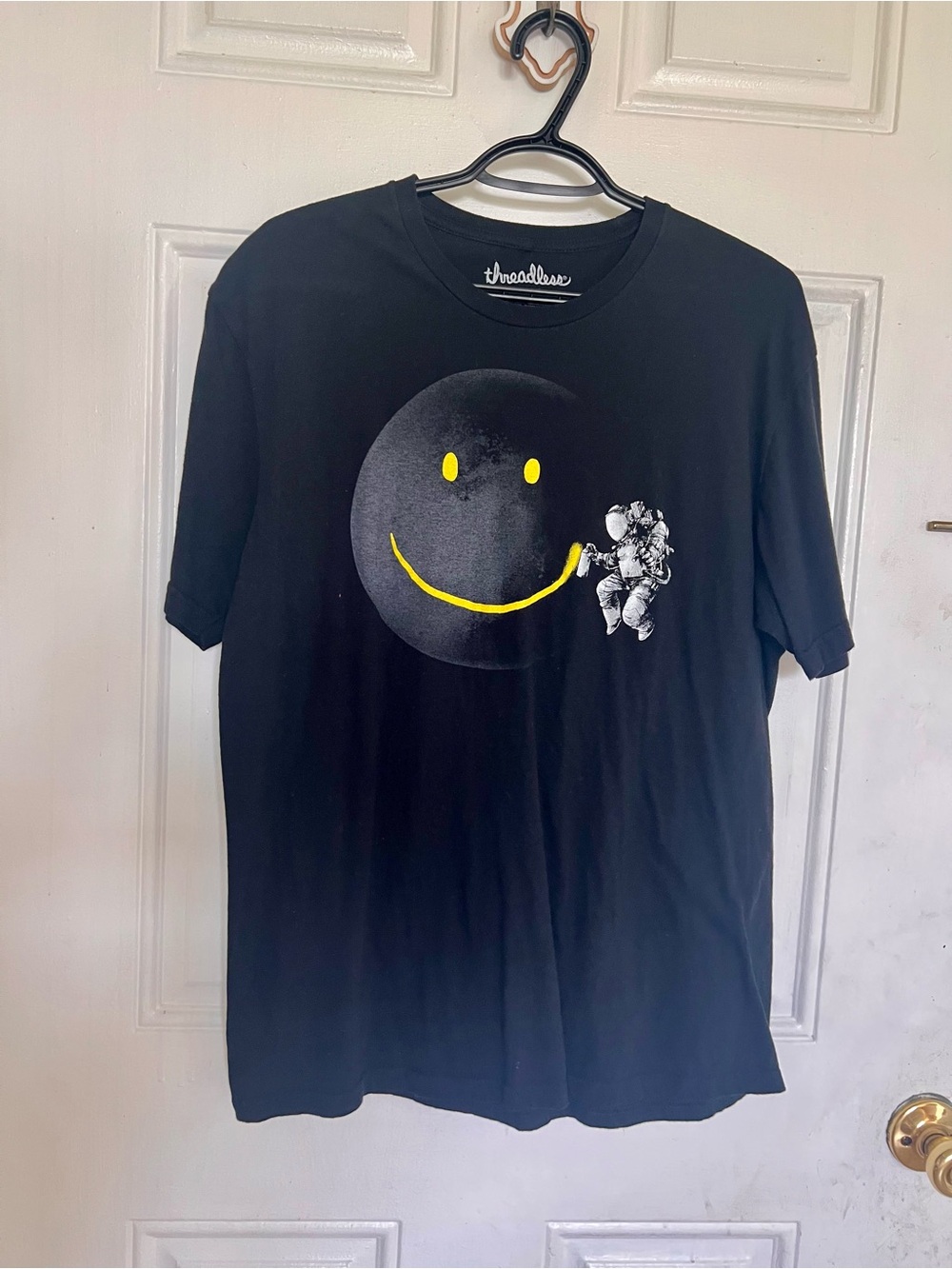 Threadless | Black Graphic Tee with Yellow Smiley & Astronaut